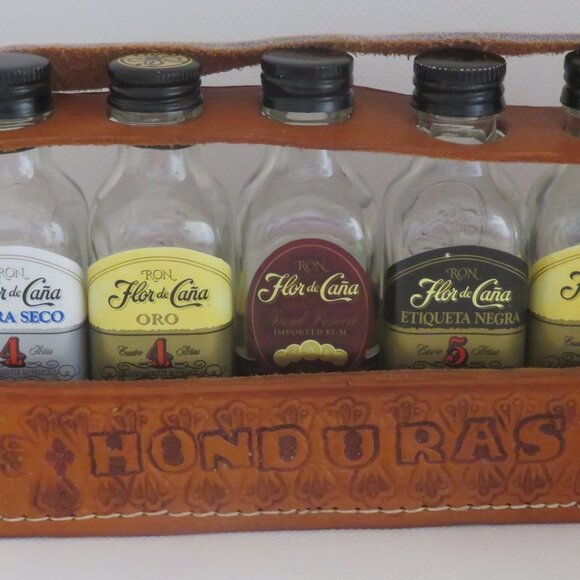 FLOR de CANA Empty Rum Sample Bottles in Leather Holder (K431) - Picture 1 of 5